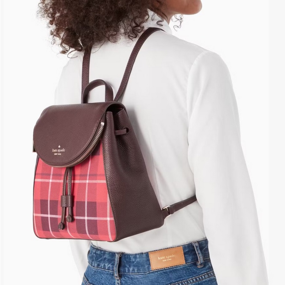 Kate Spade Bright Rose Red Plaid Medium Flap Leather Backpack